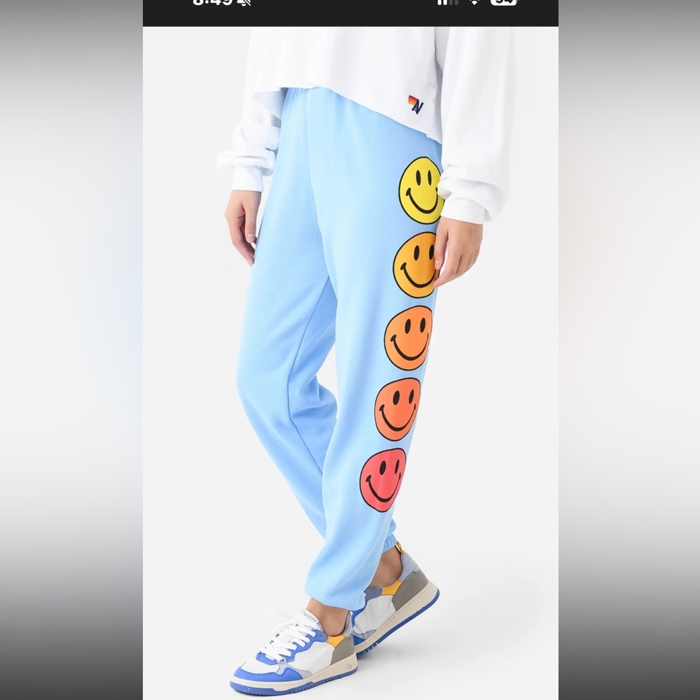 Aviator Nation Light Blue Joggers with Smiley Faces